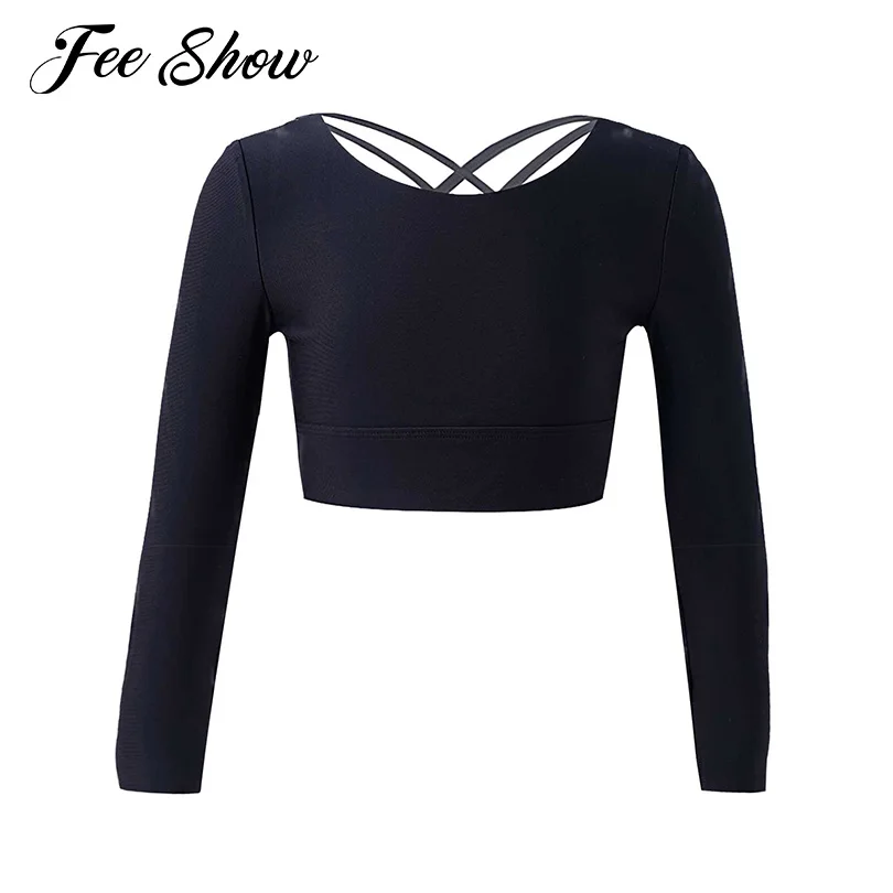 Kids Girls Pure Color Round Neck Long Sleeves Criss Cross Open Back Crop Sport Tops for Active Workout Gym Dance Sports Shirts