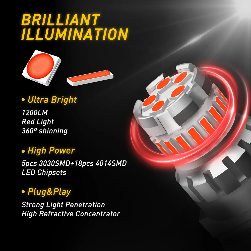 AUXITO 2Pcs 1200Lm T25 3157 LED Red Lamp T20 W21/5W LED Bulb W21W 7440 7443 p27/7w Car Brake Strobe Flashing Tail Light 12V