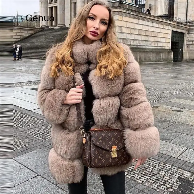 Women Luxury Fake Fox Fur Jacket High Quality Outwear Stand Collar Thick Warm Winter Overcoats Flurry Women Faux Fox Fur Coats