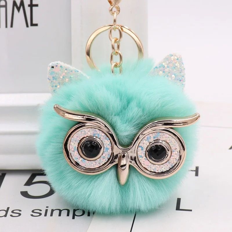 Fashion Cute Cartoon Keychain Owl Soft Pompom Animal Tail Hair Ball Car Keychain Ladies Car Bag Accessories Key Ring Mom Gift