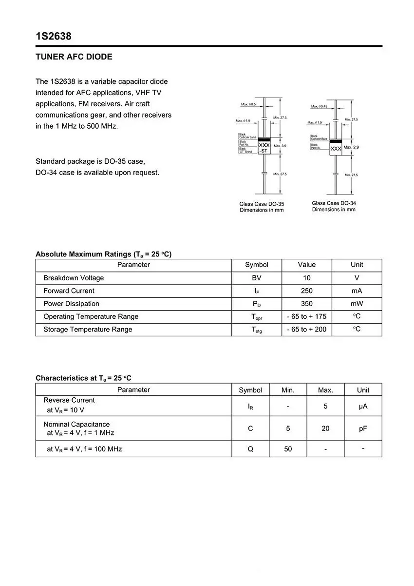 20 шт., коммутационный диод 1S2638 DO-35, 10 в/250 мА