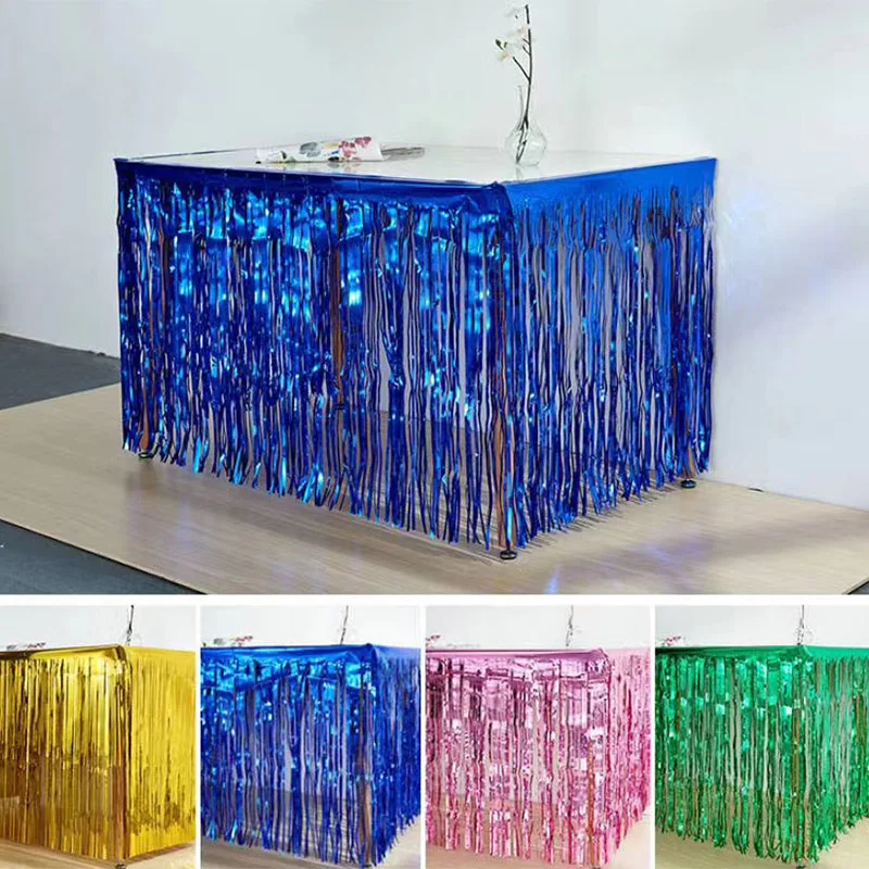 1x1M 1X2M Metaliczna folia Frędzle Spódnica stołowa Złota Tinsel Tutu Spódnice stołowe na wesele Deco racja Baby Shower Prostokątne stoły
