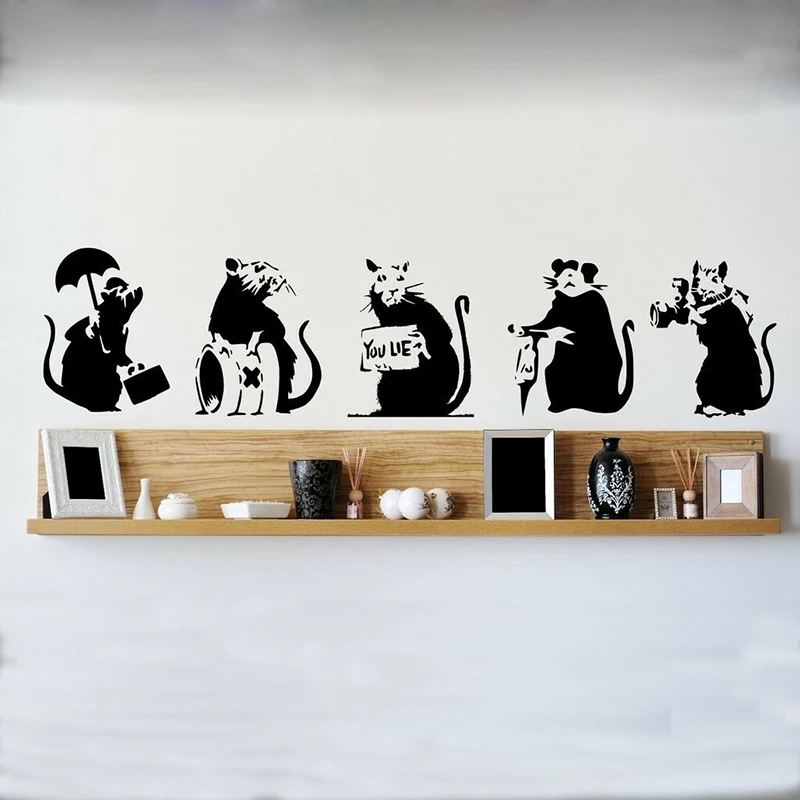 

5Pcs Graffiti Banksy Rats Mouse Wall Sticker Street Style Rat Animal Wall Decal Bedroom Kids Room VInyl Home Decor