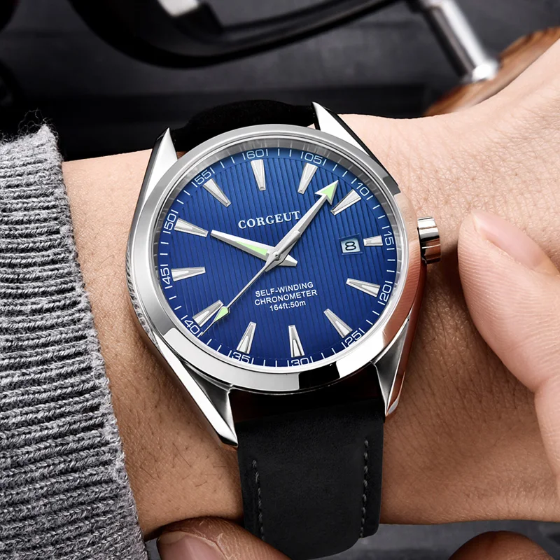 

Luxury brand Corgeut 41mm men clock leather calendar Lume Miyota Automatic relogio masculino blue Dial Sapphire Glass men watch