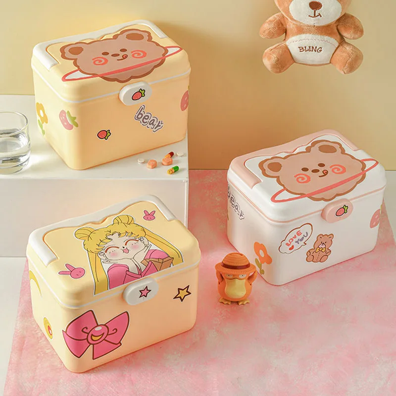 2 Layer Cute Storage Box Medical First Aid Kit for Child Family Emergency Kit Box Plastic Dispensing Box with Handle