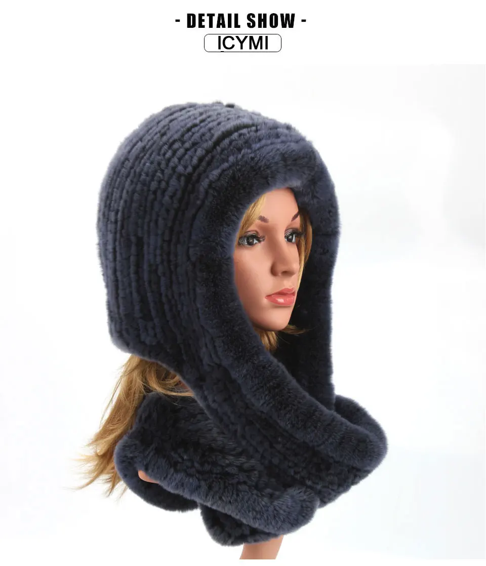 Frauen Gestrickte Echte Rex Kaninchen Pelz Hut Mit Kapuze Schal Winter Hüte für Frau Herbst Kappe Warme Natürliche Pelzmütze mit Hals Schals Bonnets – Detail 4
