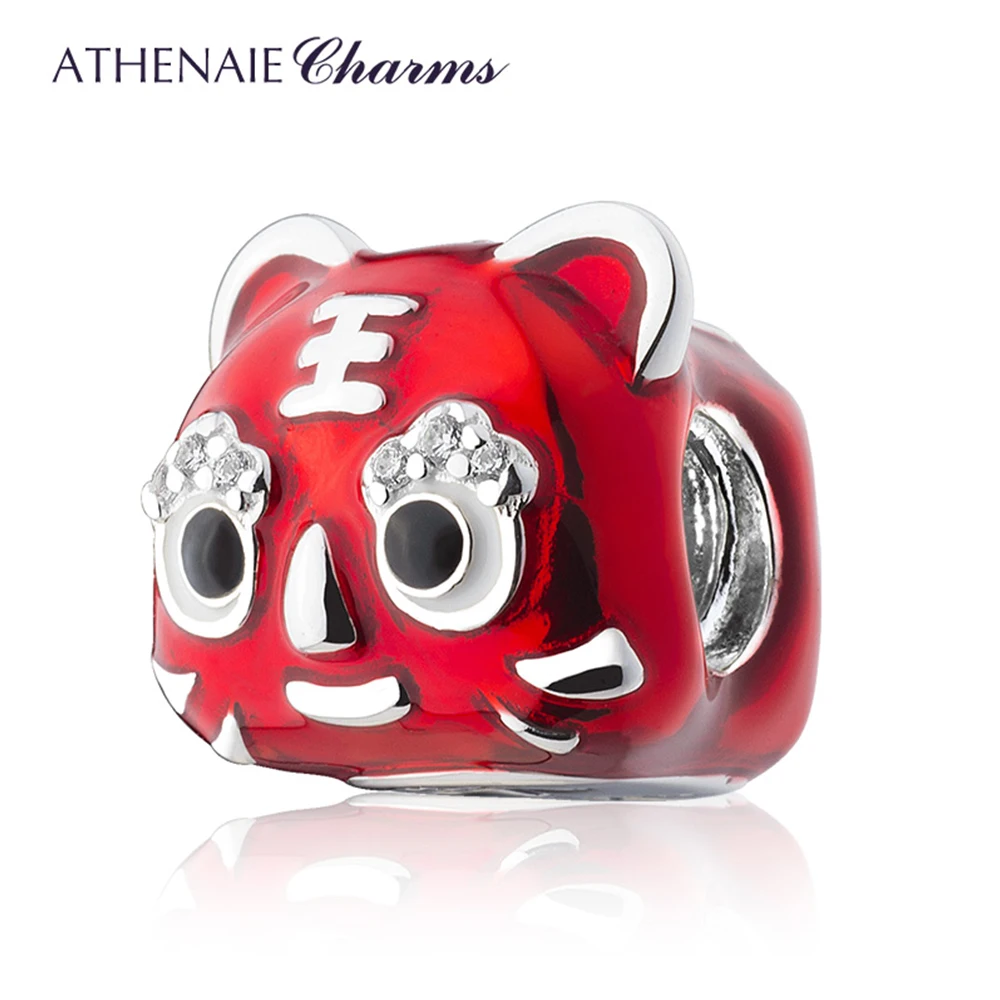 ATHENAIE 925 Sterling Silver Red Enamel Chinese Safe Helath Tiger Head Shoes Best Wishes Charms fit Bracelet for Children