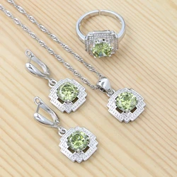 Woman Silver 925 Jewelry Set Olive Green Cubic Zirconia Square Hollow Earrings Ring Necklace Pendant Set