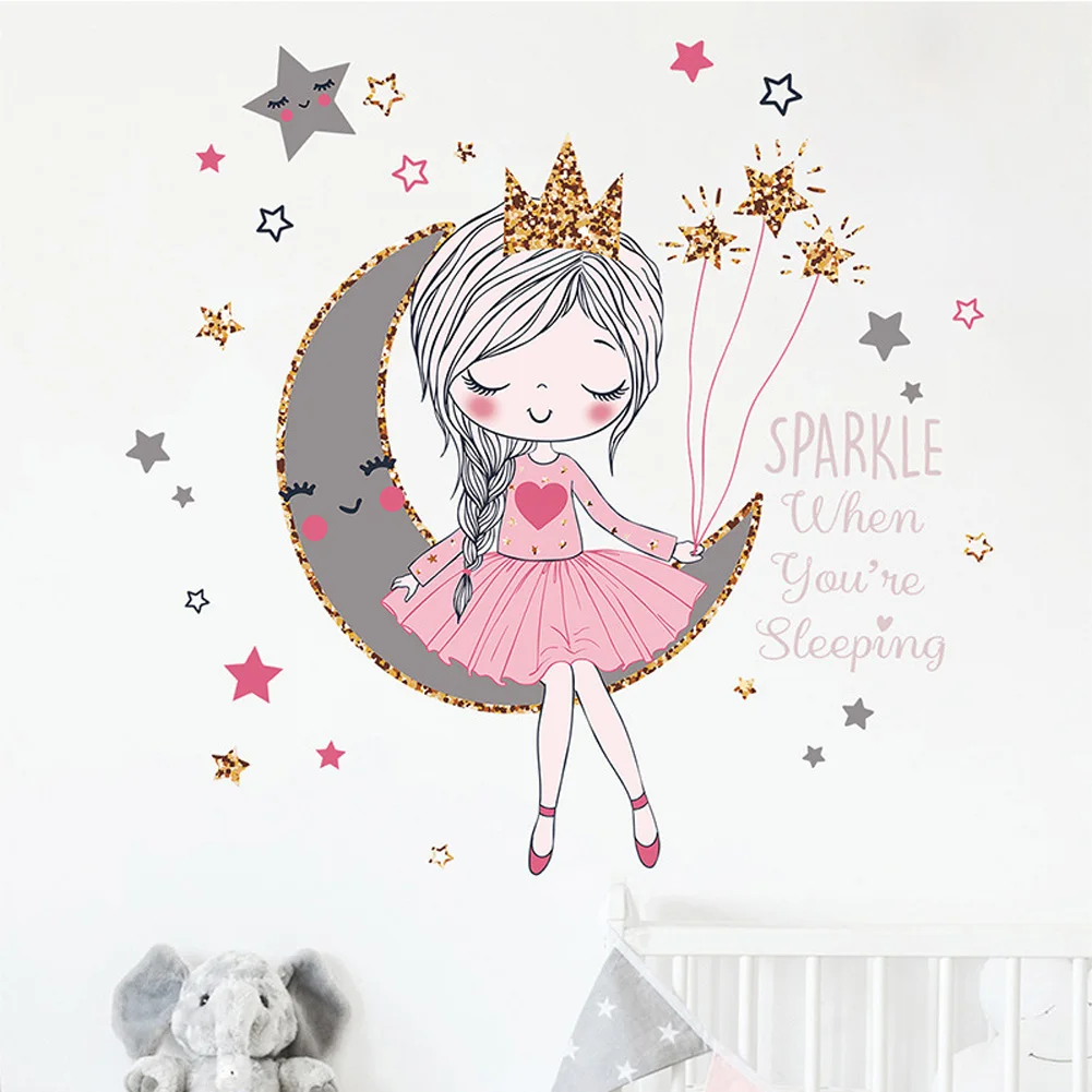 Princess On The Moon Wall Sticker Girls Room Bedroom Decor Wallpaper Living Room For Home Decoration Beautiful Cartoons Stickers