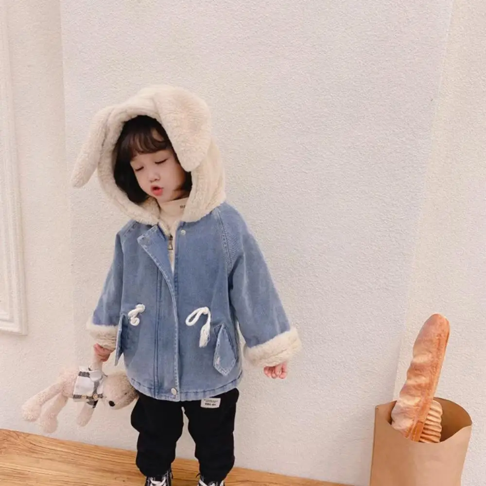 Fashion Autumn Spring Winter Coat Baby Girls Kids Children\'s Warm Plus Velvet Thicken Hooded Top Princess Blue High Quality