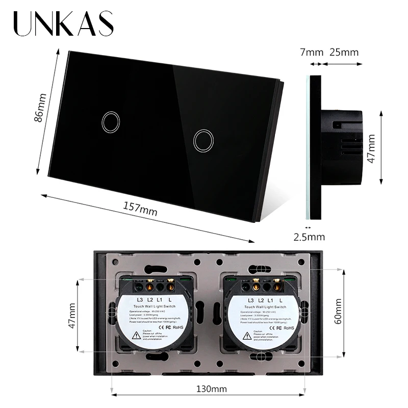 Moduli UNKAS combinazione gratuita fai-da-te 2 3 4 5 6 7 8 Gang EU Wifi Touch On / Off Smart Switch vetro nero 157mm presa pannello