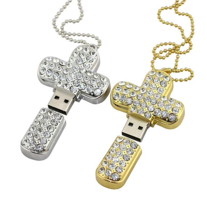 Pendrive usb flash drive em metal cruz, pendente cristal personalizado 8gb 16gb 64gb de capacidade real para presente