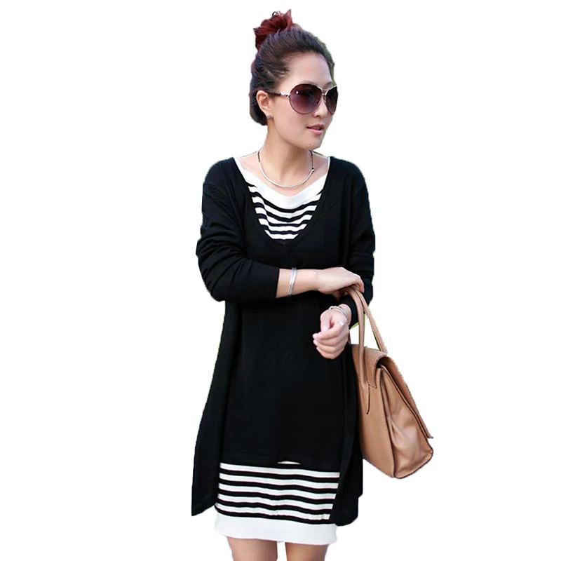 Fashion Ladies  knitted Dress Spring Autumn Women's Dresses Mid-Length V-Neck Stripes Knitting Sweater Pullover 2-Piece Set W327