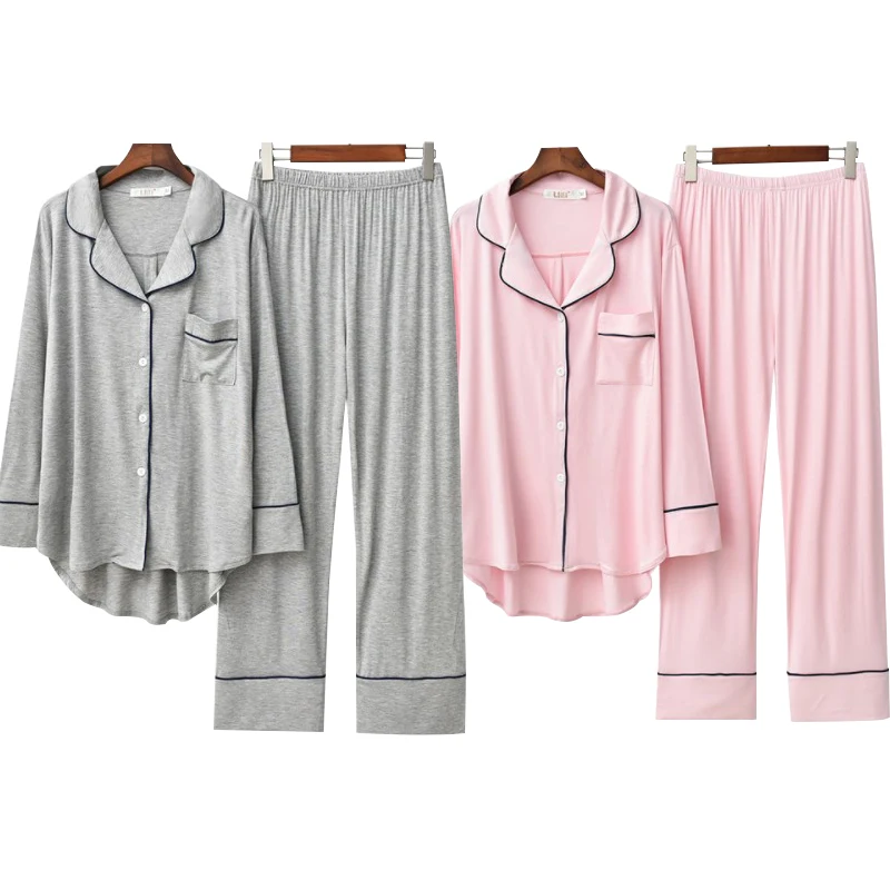 2PCS Pajama Sets Women Long Sleeve Solid Modal Loose Breathable Soft New Arrival setWomen Korean Style Home Clothing Comfortable