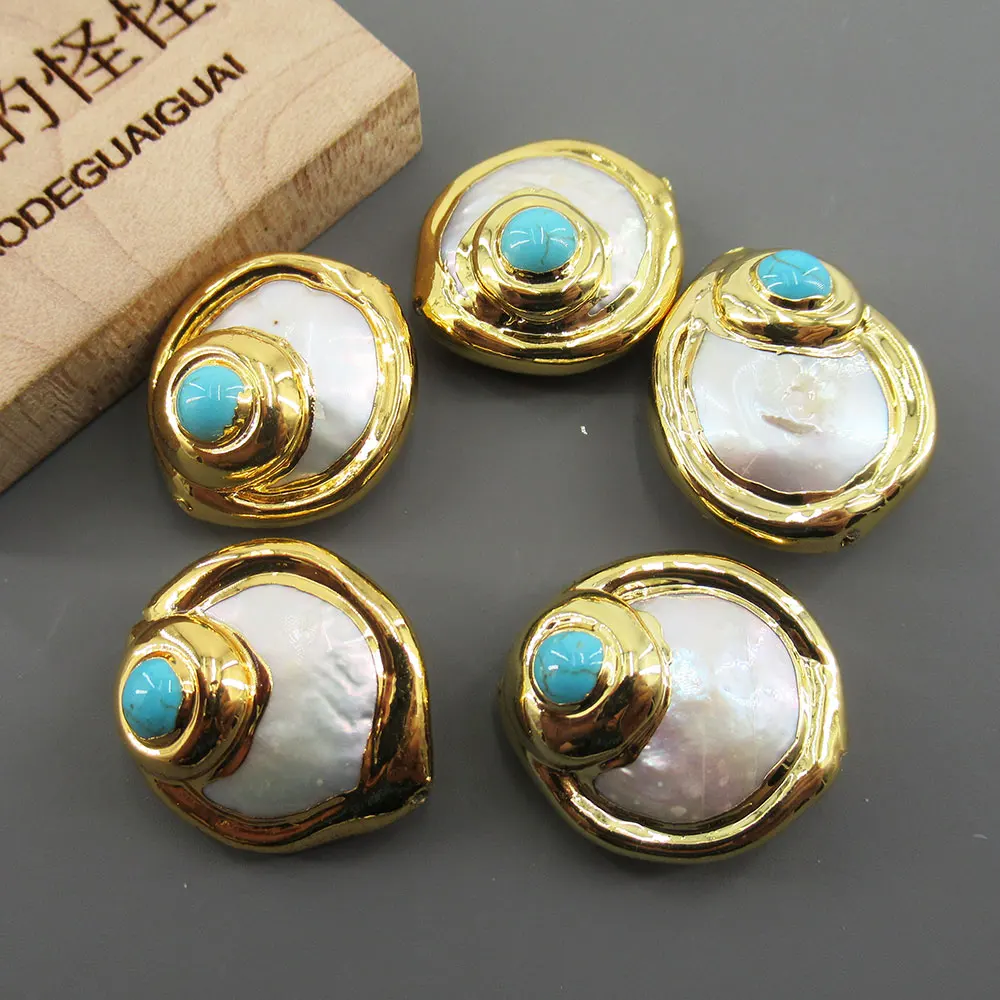 APDGG Wholesale 10 PCS Cultured White Coin Pearl Beads Trimmed With Blue Turquoise Metal Bezel Jewelry Findings Loose Beads