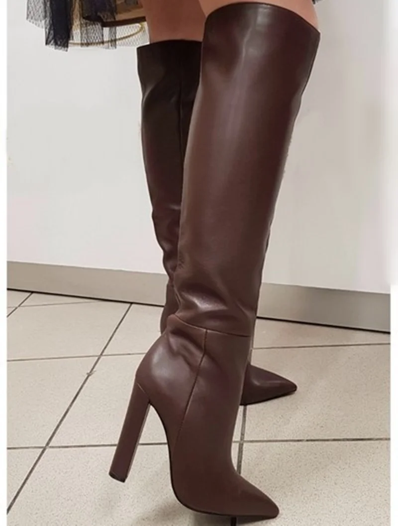 Sexy Newest Paris Matte Leather Thick Chunky Heels Boots Pointed Toe Zipper Tight Knee High Boots Brown Black Leather Tall Boots