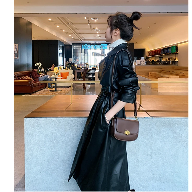 New Long Leather Trench Coat For Women Autumn 2024 Long Sleeve Lapel Loose Fit Stylish Black Female Clothing Streetwear Outerwea