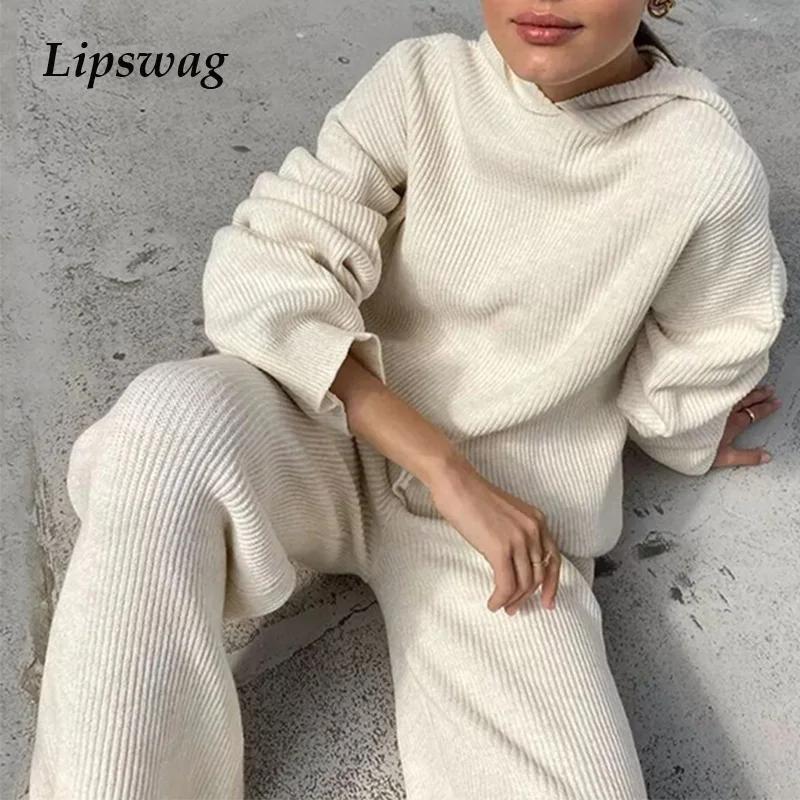 Two Piece Sets Women Homewear Spring Rib Knitted Soft Pajamas Casual Solid Loose Hooded Tops And Wide Leg Pants Suit Sportswear