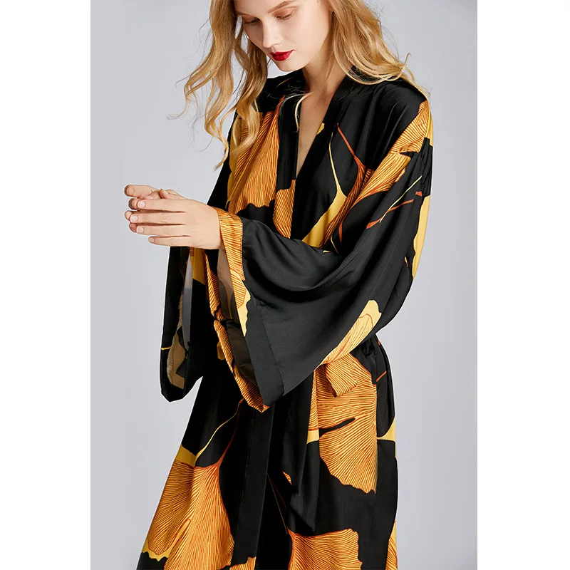 Sexy Silk Bathrobe Women Satin Kimono Robes Ginkgo biloba Print Robes Bridesmaids Long Kimono Robe Bride Silk Robe Dressing Gown