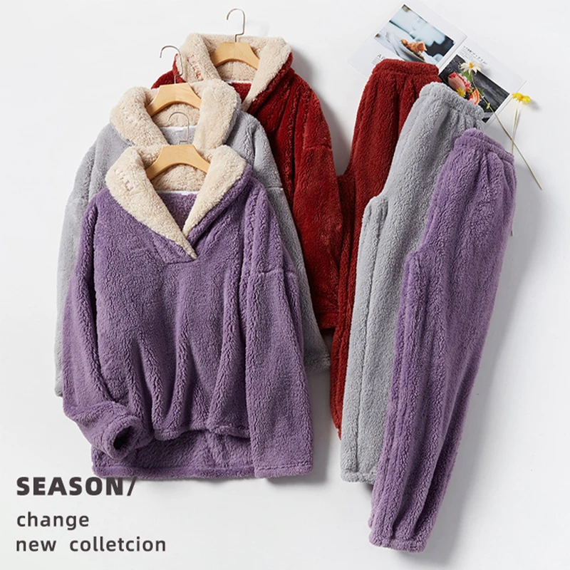 Autumn Winter Warm Flannel Women Pyjamas Set Fleece Pajamas Suit Sleepwear Home Clothes Thick Warm Coral Velvet Female Nightgown