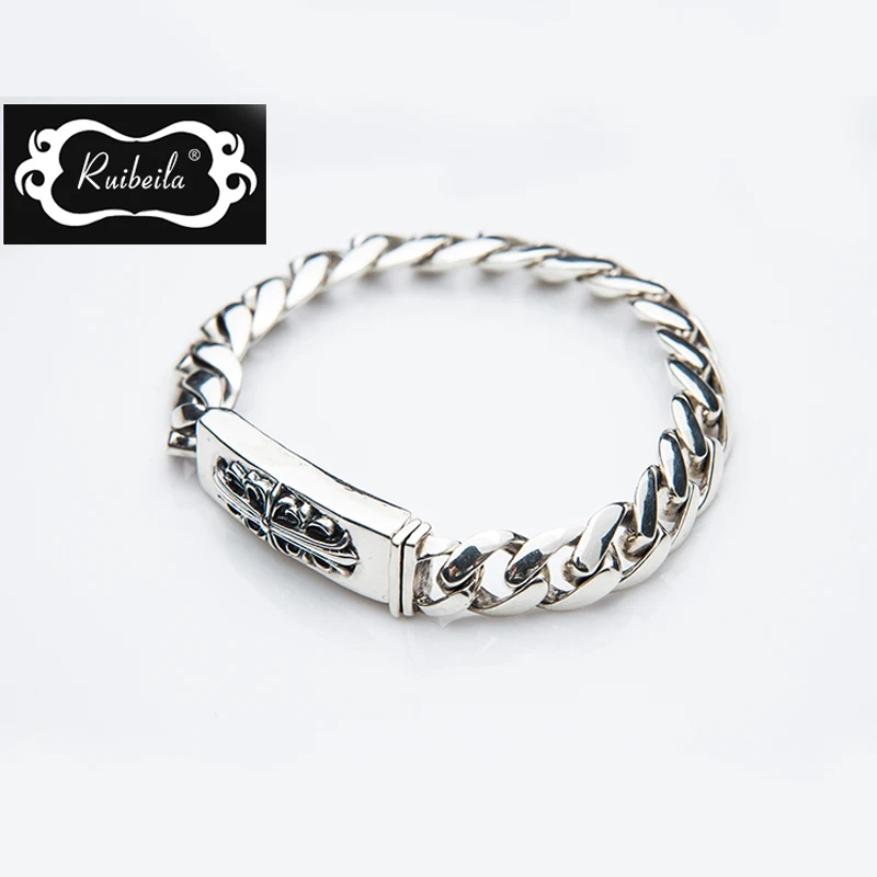 ruibeila925 argent Européen et Américain classique croix fleur argent hommes bracelet rétro atmosphère épais cadeau bracelet