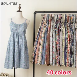 Dresses Women Printing High Waist Summer Holiday Sweet Spaghetti-strap Lovely Feminino Vestidos Above Knee Korean Style Stylish