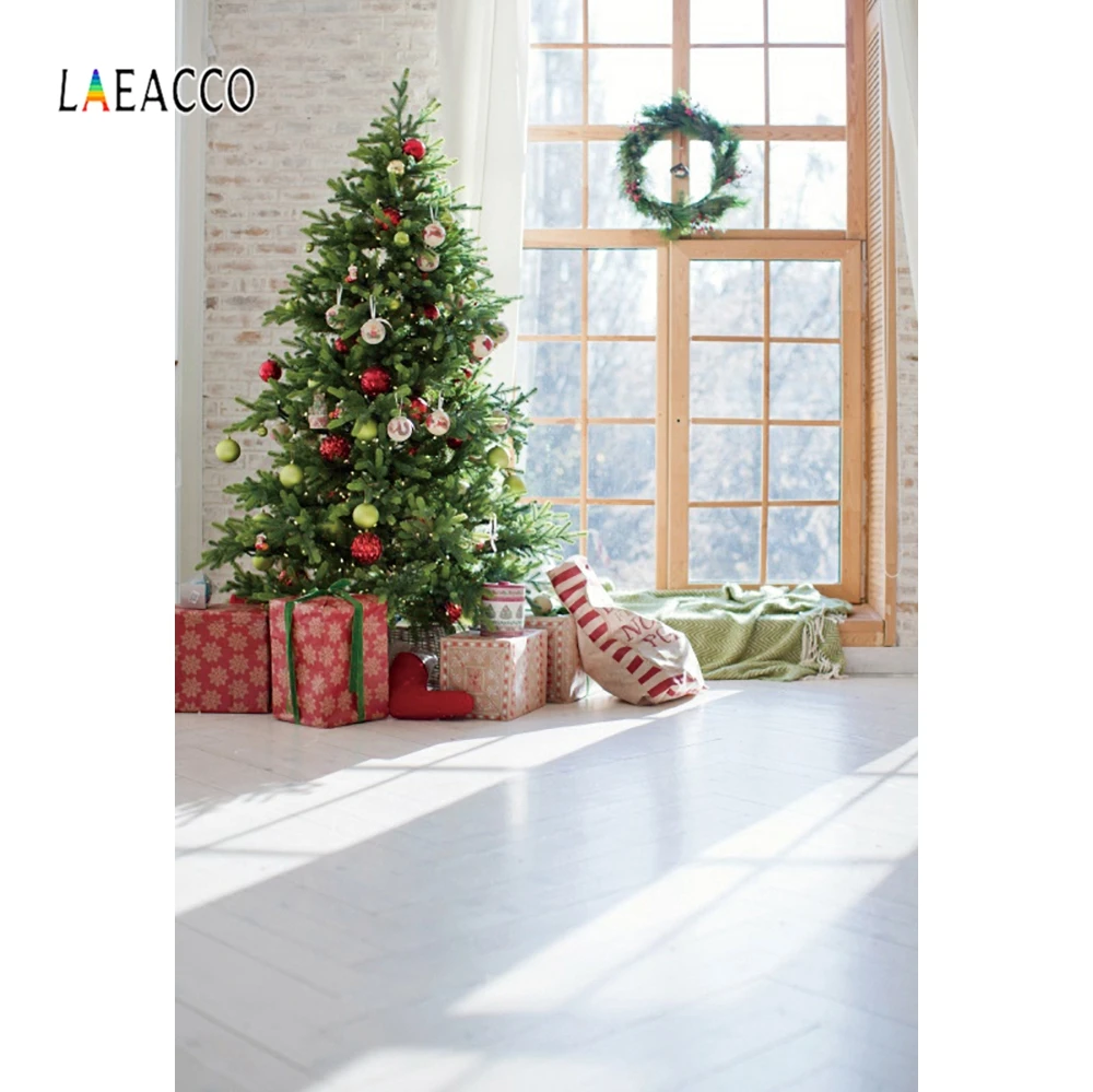 Laeacco Christmas Festivals Tree Gift Wreath Garland Window Rural House Interior Photo Background Photo Backdrop Photo Studio