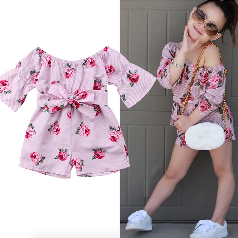 

1-6Y Summer Kids Baby Girls Clothes Set Flower Outfits Rose Print Baby Girl Jumpsuit Clothes Bow Climbing Fashion Suit Jumpsuit