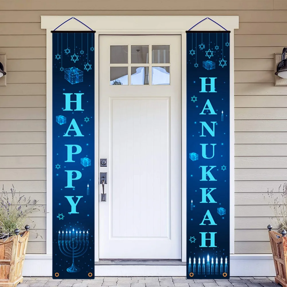 Happy Hanukkah Door Porch Sign Banners Decorations Hanukkah Hanging Welcome Sign for Home Holiday Party Outdoor Decor