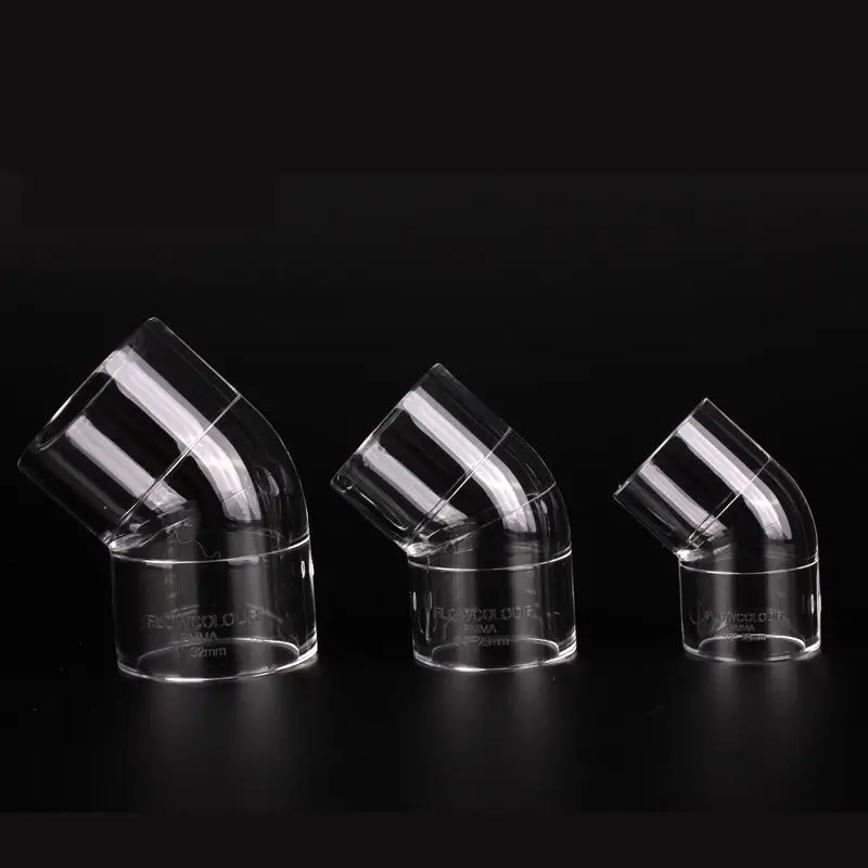 Flowcolour 2PCS ID20/25/32mm Transparent Acrylic Pipe Joints 45 Degree Elbow Connector Aquarium Supplies Fish Tank Pipe Ftttings