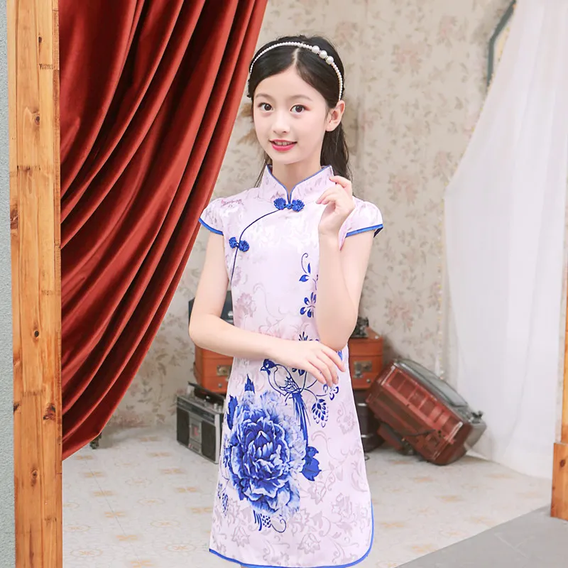 무료 배송 중국어 키즈 어린이 꽃 Cheongsam 복장 소녀 Qipao 가짜 실크 옷 공작 민소매 슬림 전통 드레스