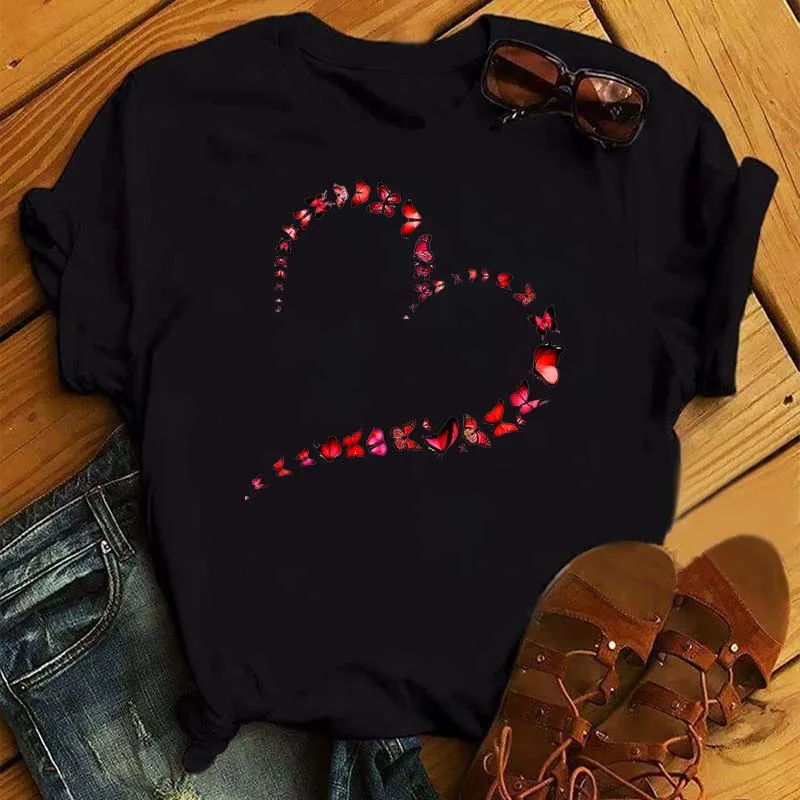 Watercolor Butterfly Heart Printed T Shirt New Women Black T Shirt Harajuku Cute Graphic Tee Shirt Ladies Casual Female Tops Tee