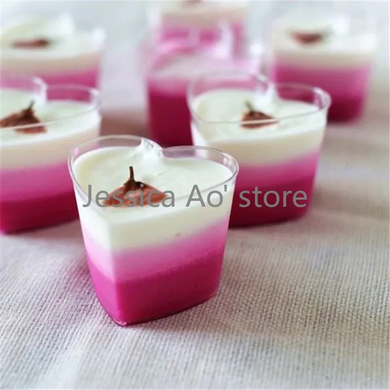 50pcs Cup + Lid + Spoon Heart Shape Dessert Cups Clear Transparent Baking Food Container Disposable Plastic Mousse Chaff Cup