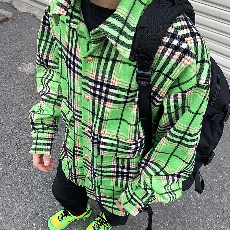 

Spring and autumn men's ins green plaid shirt autumn and winter thickening plus fluffy shirt fluorescent bright color loose