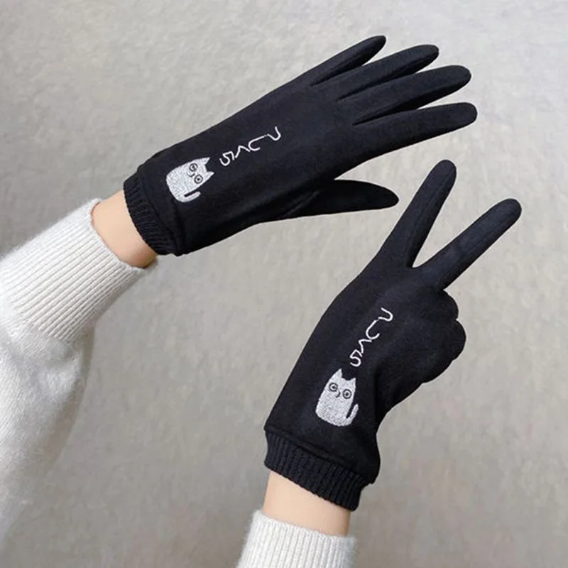 

Korean Women's Winter Outdoor Riding Warm Mittens Cute Cartoon Cat Embroidered Cold Full Finger Touch Screen Driving Gloves S59