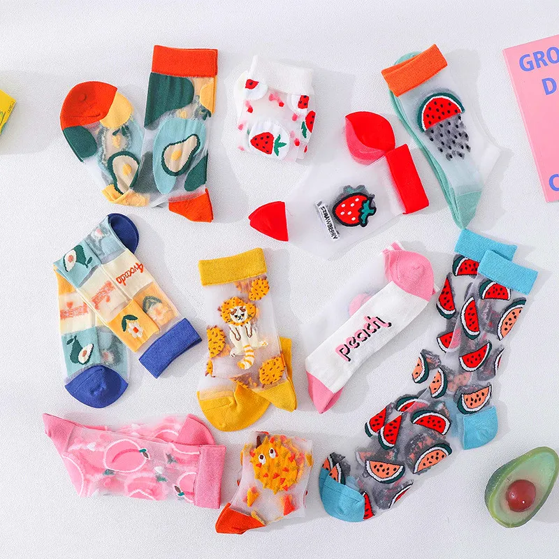 1 Pair Women Socks Korea Style Casual Harajuku Transparent Crystal Silk Trend Cartoon Fruit Breathable Glass Silk Socks Meias