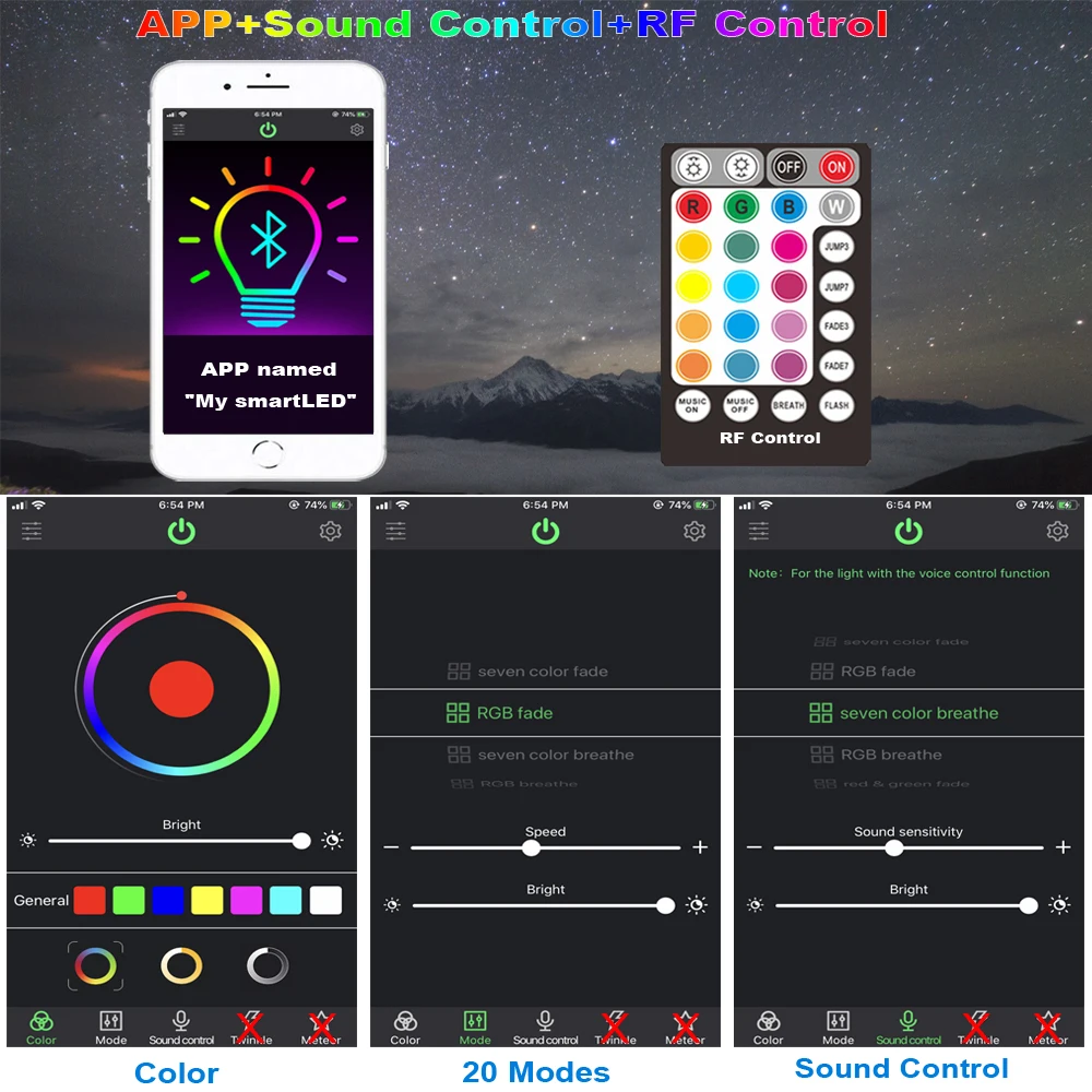 Luz de fibra óptica para teléfono inteligente, Control por Bluetooth, 6W, RGB, luces de techo de estrellas de colores, Control RF, Cable de fibra óptica de 2m