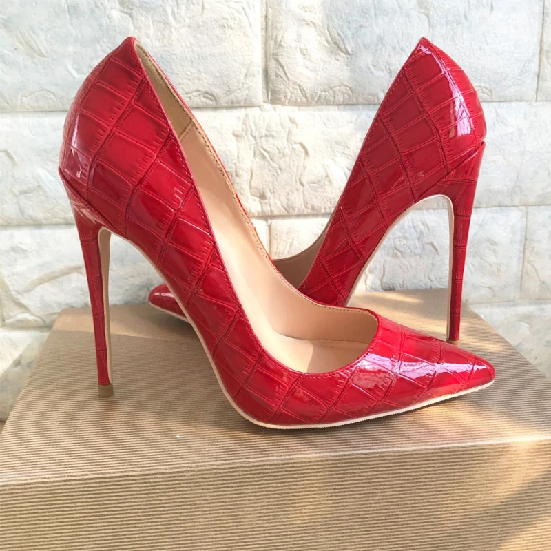 Tikicup Red Crocodile-Effect Embossed Pattern Women Sexy Stiletto High Heels Shallow Cut Pointed Toe Slip On Pumps Party Shoes