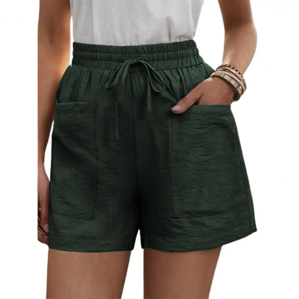 Women Shorts High Waist Cotton Flax two big pockets Bottoms drawstring shorts Elastic Waist Loose pantalones cortos de mujer