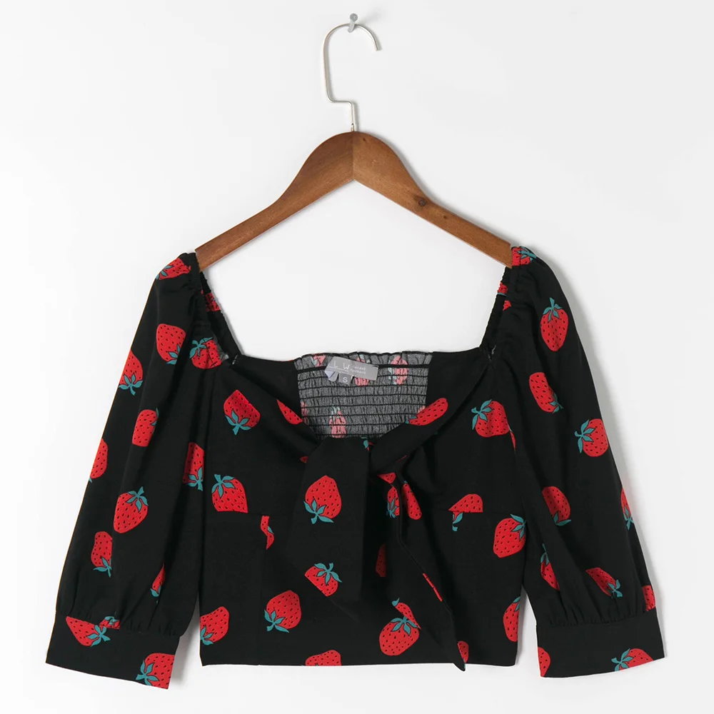Blouses Women Casual 2021 Fashion Sweetheart Neck Tie Bow Strawberry Print Blouse Back Smocked Slim Fitted Puff Sleeve Crop Top