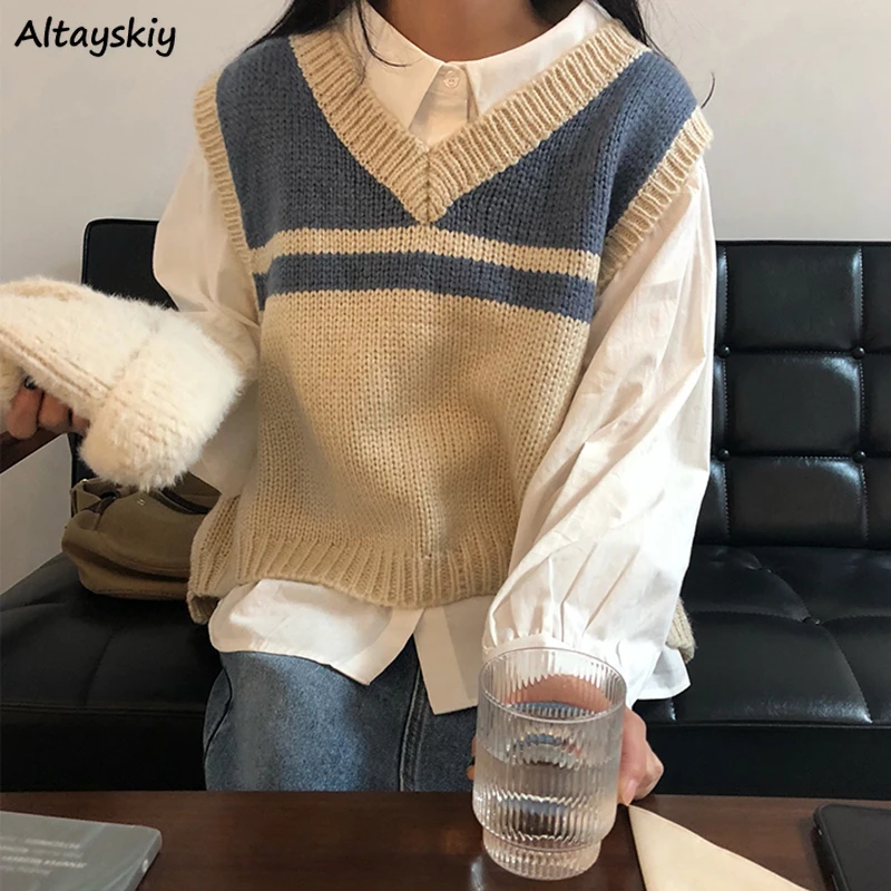 Sleeveless Sweater Vest Women Patchwork Vintage Harajuku Casual Tops Korean Style Simple Jumper Female Basic Retro Students Chic