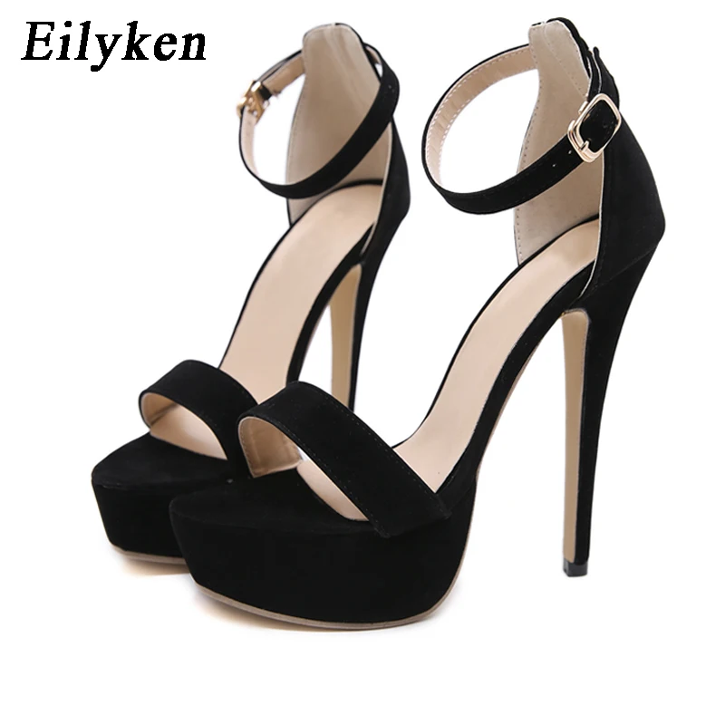 Eilyken Platform High Heels Sandals Women Summer Stiletto Open Toe Party Ladies Shoes Sexy Ankle Strap Black Sandals Size 42