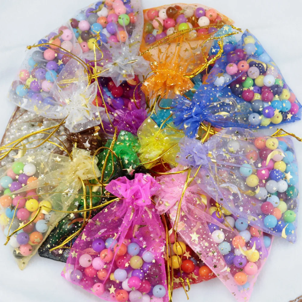 50pcs/lot Drawstring Pouch Bags for Jewelry Organza Pouch Gold Color Moon Star Transparent Mesh Wedding Gifts Package Wholesale