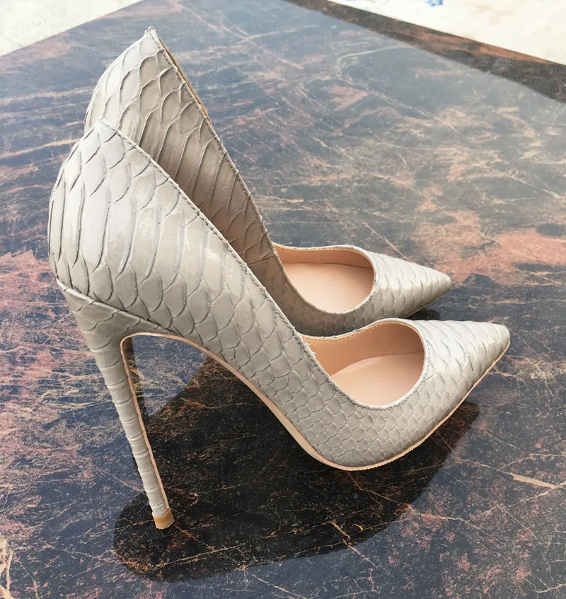 Snake printing gray stilettos high heels 12cm 10cm 8cm pointed toe women pumps extreme party wedding shoes QP063 ROVICIYA