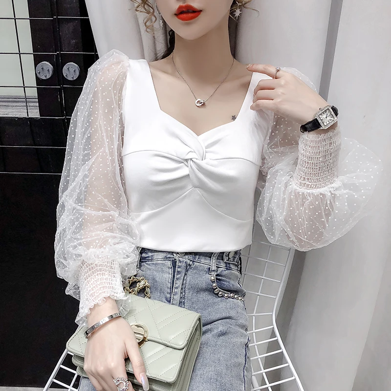 Women's Perspective Bubble Sleeve Shirts Cutout V Neck Gauze Blouses Ladies Elegant Mesh Twist Front Shirt Blusa Polka Dots Tops