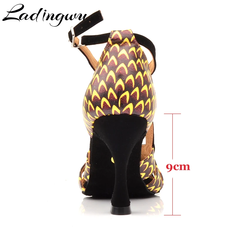 Zapatos de baile Ladingwu, zapatos de baile latino de cuero con estampado africano para mujer, zapatos de baile profesionales para Salsa, sandalias de baile de 9cm