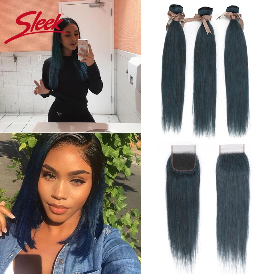 Mèches Brésiliennes Remy Lisses Bleues avec Closure, 100% Vrais Cheveux Naturels, 3 Lots