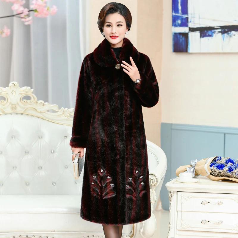 Plus Size Mink Fur Coat Winter Women Warm Slim Faux Mink Fur Pocket Long Winter Warm Jacket New Middle-aged Womens Fur Jackets