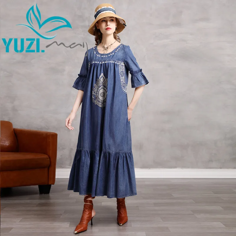 

Dress For Women 2020 Yuzi.may Boho New Denim Women Dresses O-Neck Flare Sleelve Loose Vintage Embroidery Vestidos A82252 Vestido