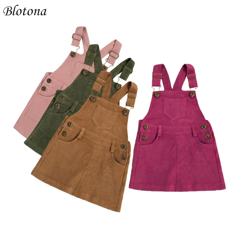 Blotona Toddler Kids Summer Clothing Baby Girl Mini Retro Dress Strap Corduroy Dress Suspenders Solid Overalls With Pockets 1-4Y